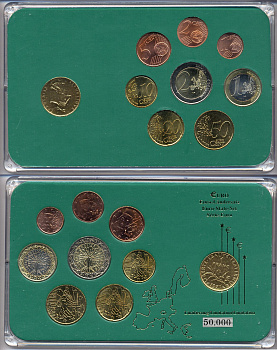 Франция евронабор от 1 евроцента до 2 евро  включает 1 франк 1971, планшет  биметалл, медно-никель  UNC  3-6-5-08