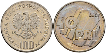 Польша 100 злотых 1984 MW, 40 лет образования Польской Народной Республики Y 151 медно-никель UNC 180-133
