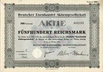 Германия 500 рейхсмарок 1932 Немецкое акционерное общество по торговле железом, акция   бумага  8803-147-1