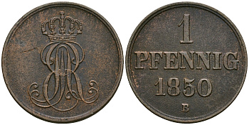 Ганновер 1 пфенниг 1850 B, Эрнст Август (1837-1851) KM 201.1, AKS 129, J. 74 медь 4608-1057