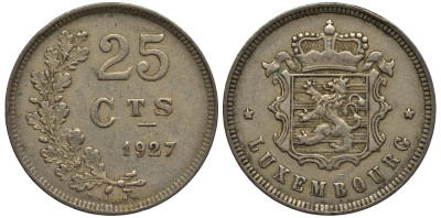 ЛЮКСЕМБУРГ 25 САНТИМОВ 1927 ВЕЛИКАЯ ГЕРЦОГИНЯ ШАРЛОТТА (1919-1964) KM 37 медно-никель 4538-823