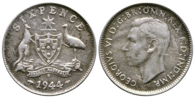 АВСТРАЛИЯ 6 ПЕНСОВ 1944 S, ГЕОРГ VI KM 38 серебро 4178-238
