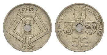 Бельгия 5 сантимов 1940 Belgie - Belgique, Леопольд III (1934-1947) KM 111 никель латунь 4640-1053