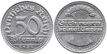 ГЕРМАНИЯ 50 ПФЕННИГОВ 1921 D KM 27, J. 301 алюминий 24-1016