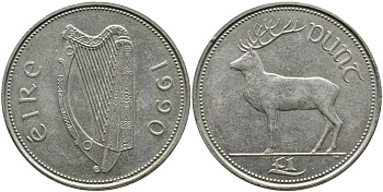 ИРЛАНДИЯ 1 ФУНТ 1990 ОЛЕНЬ KM 27 медно-никель 4531-811