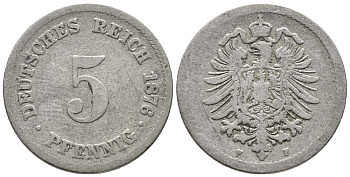 ГЕРМАНИЯ 5 ПФЕННИГОВ 1876 F, СТАРОГЕРБОВКА KM 3, J. 3 медно-никель 39-411