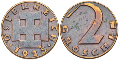 АВСТРИЯ 2 ГРОША 1925 ДОВОЕННАЯ ДЕСЯТИЧНАЯ ЧЕКАНКА KM 2837 бронза 201-169