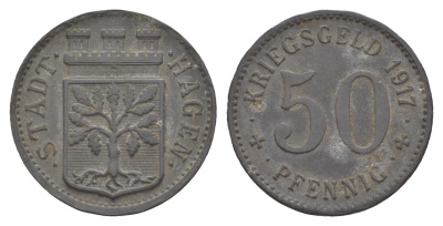 Хаген 50 пфеннигов 1917 Funck 184.2, Men05 10124.6, Men18 12615.6 цинк 4642-456