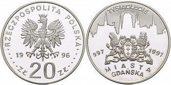 Польша 20 злотых 1996 MW, 1000 летие Гданьска KM 319 серебро PROOF 11-208-43