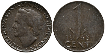Нидерланды 1 цент 1948 Вильгельмина (1890-1948), год тип KM 175 бронза 3458-245