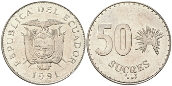 Эквадор 50 сукре 1991 KM 93 сталь плакированная никелем 4511-1155