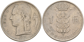 Бельгия 1 франк 1951 Belgique KM 142.1 медно-никель    4161-1224