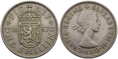 Великобритания 1 шиллинг 1957 Елизавета II (1952-2022), Шотландский герб KM 905, Spink 4148 медно-никель 4681-1134