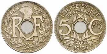 ФРАНЦИЯ 5 САНТИМОВ 1935 ТИП ЛИНДАЙЁ KM 875, LE FRANC 122.18 медно-никель 105-364