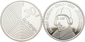 Словения 30 евро 2009 100 лет первому полету самолета Эдварда Русяна, коробка, сертификат KM 86 серебро BUNC 00-00