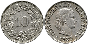 ШВЕЙЦАРИЯ 10 РАППЕНОВ 1930 В KM 27 медно-никель 4539-427