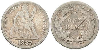 США 10 центов (дайм) 1887 KM A92 серебро 63-351