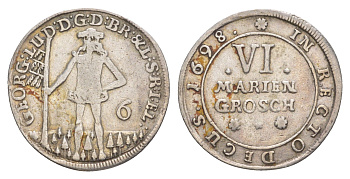 Брауншвейг-Каленберг-Ганновер 6 мариенгрошей 1698 дикарь, Георг I (1698-1727), из коллекции Ричарда Б. Смита Welter 2178 серебро 1525-115