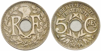 ФРАНЦИЯ 5 САНТИМОВ 1935 ТИП ЛИНДАЙЁ KM 875, LE FRANC 122.18 медно-никель 105-364