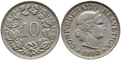 ШВЕЙЦАРИЯ 10 РАППЕНОВ 1930 В KM 27 медно-никель 4539-427