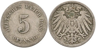 Германия 5 пфеннигов 1900 A KM 11, J. 12 медно-никель 4151-425