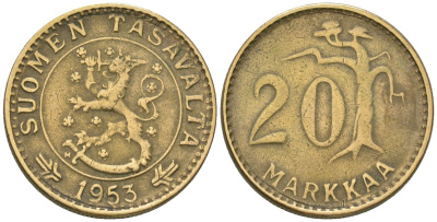 Финляндия 20 марок 1953 H KM 39 алюминиевая бронза 4586-711