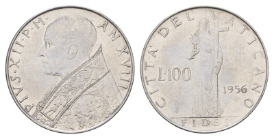 Ватикан 100 лир 1956 Пий XII (1939-1958) KM 55 нержавеющая сталь 4671-1012