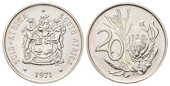 ЮАР 20 центов 1971 герб, цветок протея KM 86 никель UNC 4695-1057