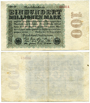 ГЕРМАНИЯ 100000000 МАРОК 1923 Pick 107d бумага 3295-82-3
