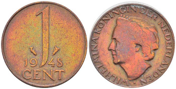 Нидерланды 1 цент 1948 Вильгельмина (1890-1948), год тип KM 175 бронза 211-718