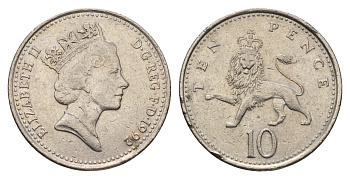 Великобритания 10 пенсов 1992 Елизавета II (1952-2022) KM 938b, Spink 4367 (F4) медно-никель 3336-643