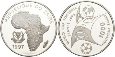 Заир 1000 новых заиров 1997 чемпионат мира по футболу во Франции 1998 год KM 28 серебро PROOF 1098-1-32