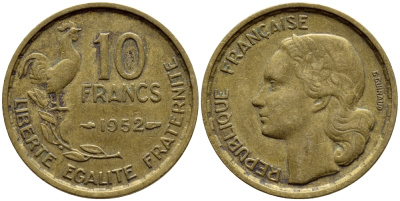 ФРАНЦИЯ 10 ФРАНКОВ 1952 ПЕТУХ KM 915.1 алюминиевая бронза 4397-811