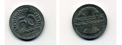 ГЕРМАНИЯ 50 ПФЕННИГОВ 1921 F KM 27, J. 301 алюминий 35-1214