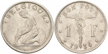 БЕЛЬГИЯ 1 ФРАНК 1934 BELGIQUE KM 89 никель 68-331