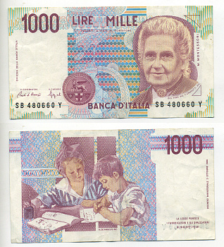Италия 1000 лир 1990 Мария Монтессори Pick 114а бумага 6293-16-2