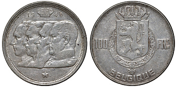 Бельгия 100 франков 1948 Belgique, королевская династия KM 138.1 серебро    1530-622
