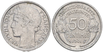 ФРАНЦИЯ 50 САНТИМОВ 1941 ТИП MORLON LOURDE KM 894.1a, LE FRANC 193.2 алюминий 44-238