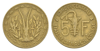 Западная Африка (BCEAO) 5 франков 1999 KM 2a медь алюминий никель 4611-242
