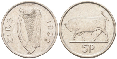 Ирландия 5 пенсов 1992 бык KM 28 медно-никель 188-125