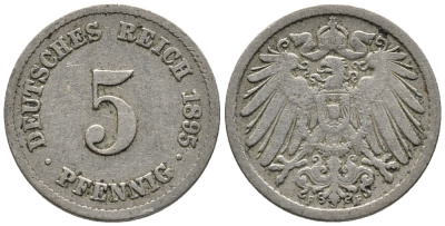 Германия 5 пфеннигов 1895 F KM 11, Jager 12, Weege 6 медно-никель 39-714