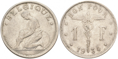 БЕЛЬГИЯ 1 ФРАНК 1934 BELGIQUE KM 89 никель 68-331