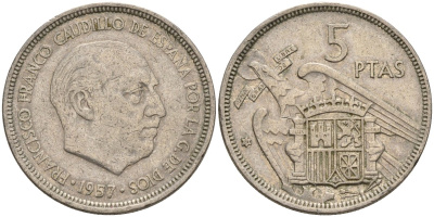 Испания 5 песет 1957 (72) Франсиско Франко (1939 - 1975) KM 786 медно-никель 4155-556