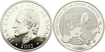Испания 10 евро 2002 Председательство Испании в Евросоюзе, карта KM 1048 серебро PROOF 06-256-35