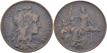 ФРАНЦИЯ 10 САНТИМОВ 1902 ТИП ДАНИЭЛЬ ДЮПЮИ KM 843, LA FRANC 136.12 бронза 3457-542