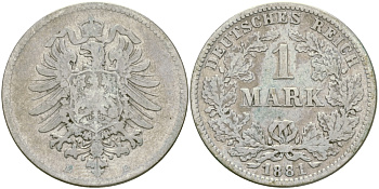 Германия 1 марка 1881 E Weege 17, J. 9, KM 7 серебро 65-141