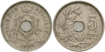 Бельгия 5 сантимов 1922 Belgique KM 66 медно-никель 4136-468