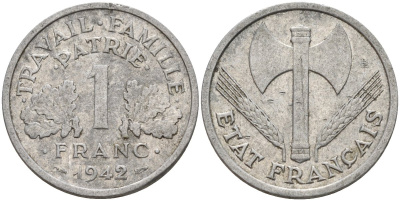Франция 1 франк 1942 LB, тип Lourde, правительство Виши KM 902.1, Le Franc 222.2 алюминий 4142-921