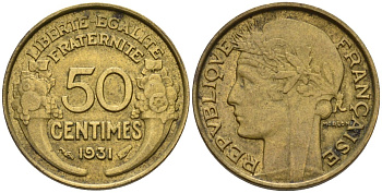 Франция 50 сантимов 1931 KM 894 алюминиевая бронза 4596-728