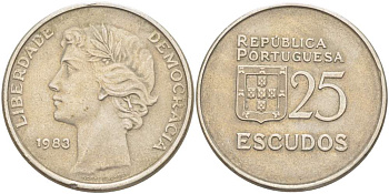 ПОРТУГАЛИЯ 25 ЭСКУДО 1983 KM 607а медно-никель 4521-1234